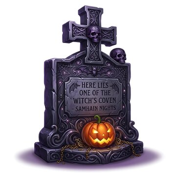 Dark gothic tombstone featuring a cross, skulls, cobwebs, glowing pumpkin, and inscription for Halloween witch coven design element.