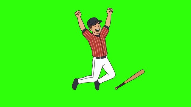 An energetic 2D cartoon baseball player in a red pinstripe uniform jumping with arms raised in victory, next to a dropped baseball bat, isolated on a solid green chroma key background. Great for sport