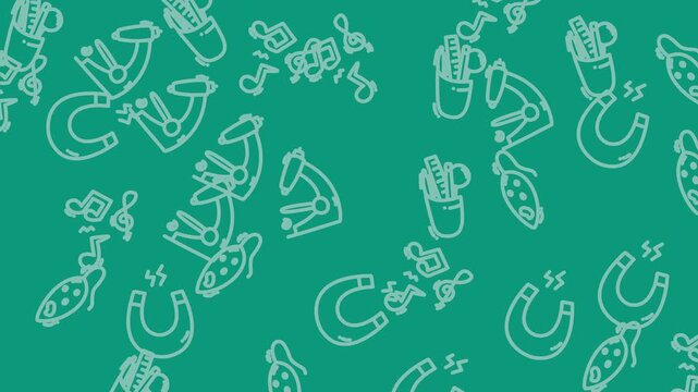 Array of school supplies, music notes, and scientific equipment on a green backdrop ideal for educational or scientific designs.