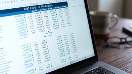 Obraz premium Projected ROI Analysis Spreadsheet on Laptop Screen 