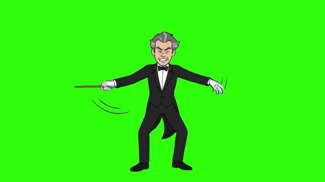 An expressive 2D cartoon orchestra conductor in a black tuxedo and white gloves waving a conductor baton while directing music, isolated against a bright chroma key green screen background. Perfect fo