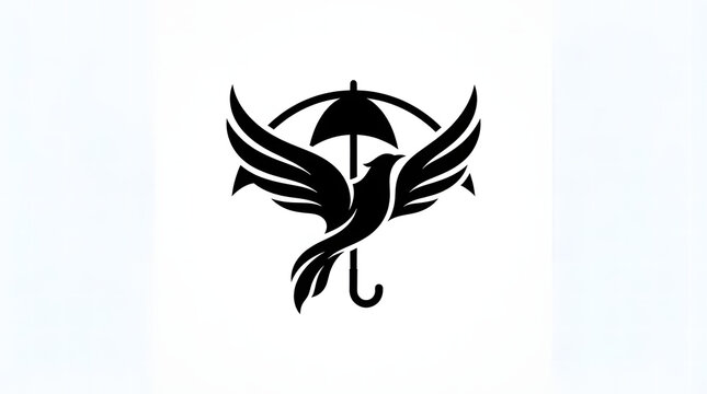 Flying bird with umbrella logo icon, creative vector graphic design element