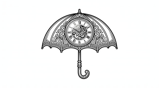 Vintage umbrella illustration with intricate clock face design on white background
