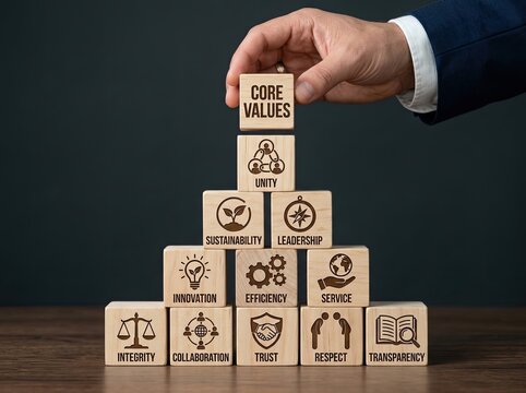 Hand placing wooden block on pyramid of core values icons ideal for corporate ethics content symbolizing integrity and business foundation