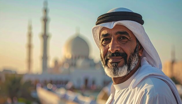 Portrait of an Arabic man in traditional attire with a mosque in the background