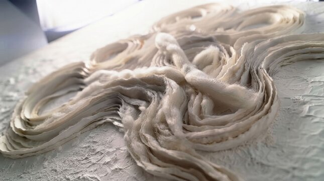 Abstract textured white fabric composition with intricate patterns and soft flowing lines