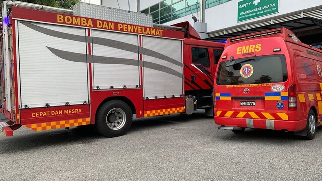 Selangor, Malaysia Sept 03th 2026- Malaysian Fire and Rescue Department emergency vehicles parked outside an industrial facility during a response or standby operation