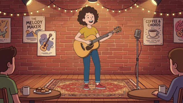 A happy 2D cartoon girl with curly hair standing on a cozy stage in front of a red brick wall, playing an acoustic guitar. Perfect for live music promos, concert explainer scenes, acoustic gig adverti