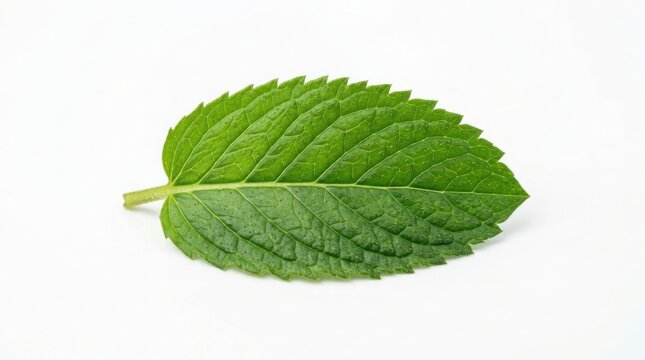 Single fresh green mint leaf lying horizontally on a clean white background with isolated on white herbal plant peppermint leaf organic herb culinary herb aromatic herb raw herb plant foliage
