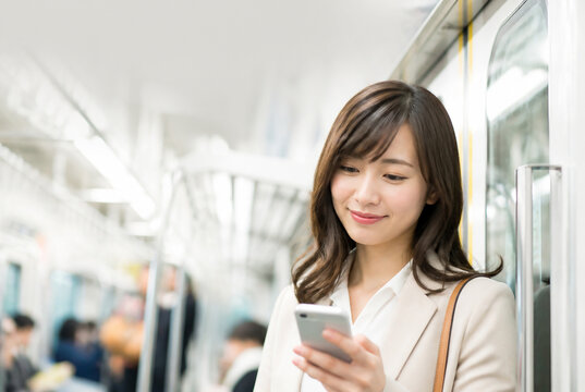 電車内でスマホを見て微笑む日本人ビジネス女性 Generative AI