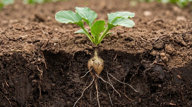 Underground taproot growth of sugar beet seedling in soil trench