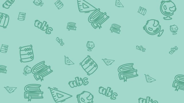 Green background with a varied pattern of educationrelated items like books, globes, rulers, letters, and numbers ideal for school designs.