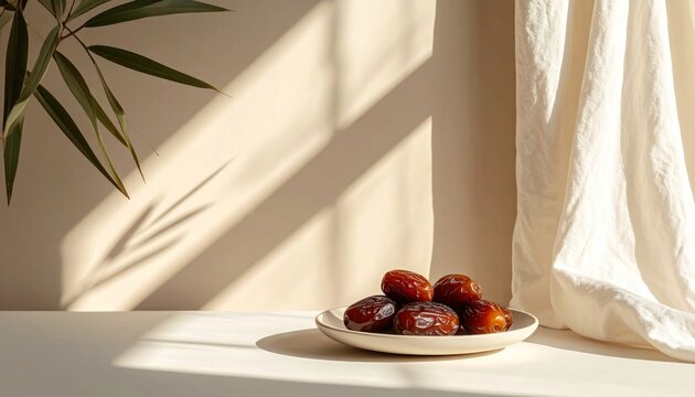 Fresh organic dried date fruit on white plate in sunlight