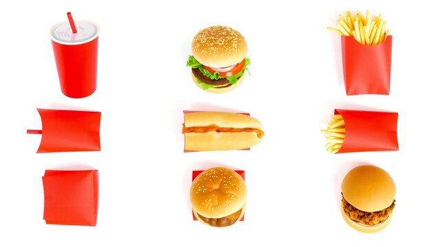 Fast food meal set with hamburger cheeseburger french fries and soda drink in red packaging