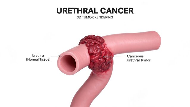 Urethral cancer 3D tumor rendering, cancerous tumor surrounding urethra with normal urethral tissue comparison