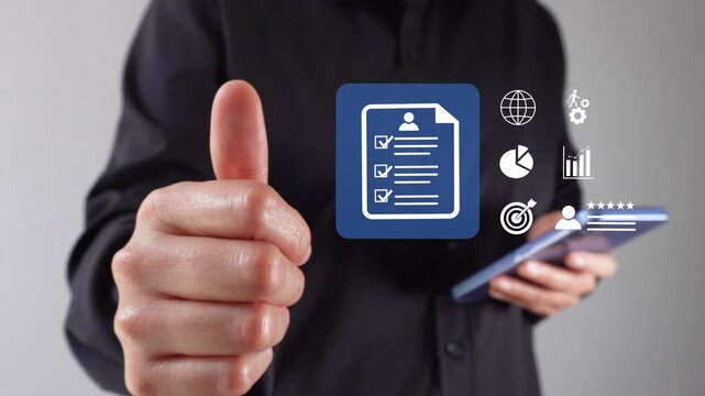 A woman holding a mobile phone while making a thumbs-up gesture, and an animation of a recruitment interface.