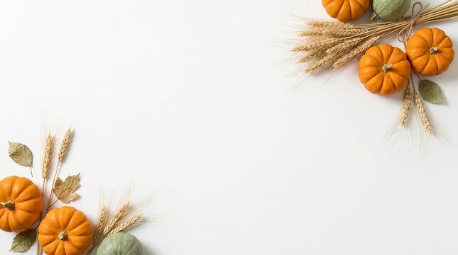 Rustic autumn pumpkins and wheat stalk corner composition