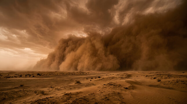 Massive dust storm rolling across the arid desert landscape under a dramatic cloudy sky.
