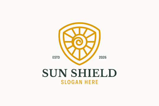 Sun Shield Logo Template with Solar Energy Burst and Protection Crest Icon