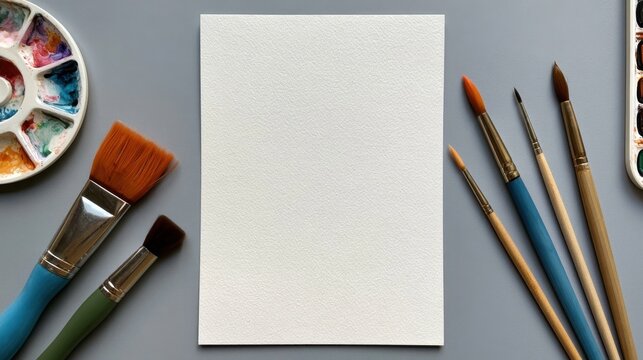 Watercolor painting supplies arranged around a blank white paper on a gray surface