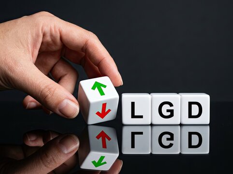Hand placing arrow cube near LGD blocks ideal for financial risk analysis media symbolizing fluctuation in Loss Given Default metrics