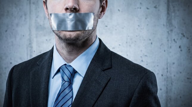 Man wearing a formal business suit with mouth taped shut representing censorship and freedom of speech suppression.