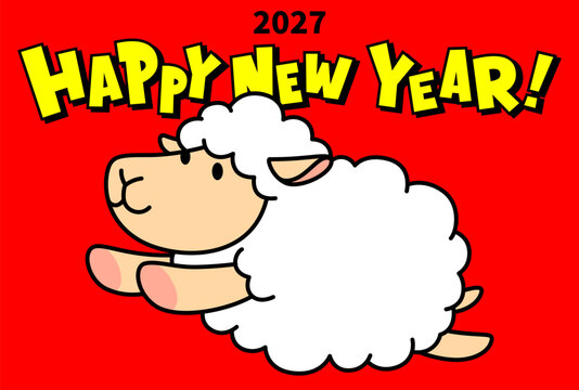 2027年 未年　年賀状テンプレート38（HAPPY NEW YEAR 羊 横型）