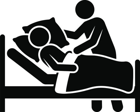 A dedicated caregiver stands beside a hospital bed while gently tucking in a recovering patient who rests peacefully beneath blankets within a healthcare facility designed to promote healing