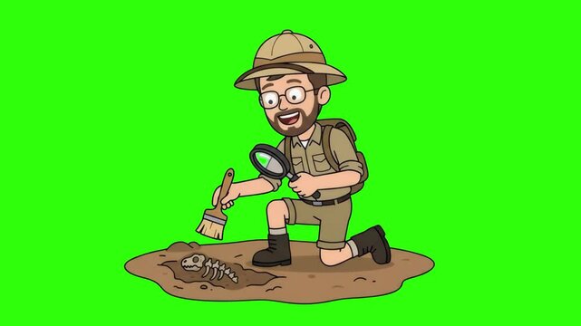 An adventurous 2D cartoon archaeologist wearing a pith helmet kneeling with a magnifying glass and brush to excavate ancient fossils, isolated against a bright chroma key green screen background. Desi