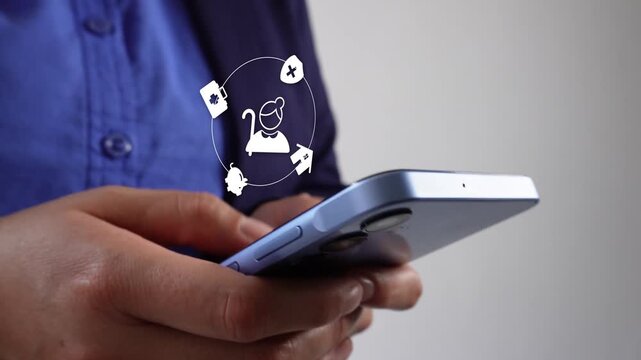 A female executive working on her mobile phone, featuring an animation of an elderly woman alongside health and home icons. Financial and health planning for older adults.