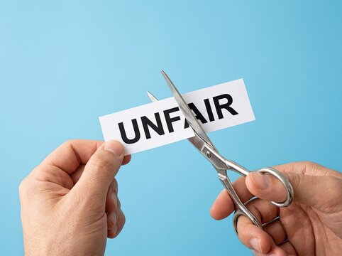 Hands cutting the word unfair with scissors suitable for legal and justice content symbolizing fairness equality and eliminating bias