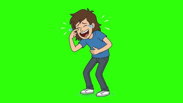 A hilarious 2D cartoon guy laughing uncontrollably with tears in his eyes while holding his stomach, isolated against a bright chroma key green screen background. Ideal for comedy videos, humorous soc
