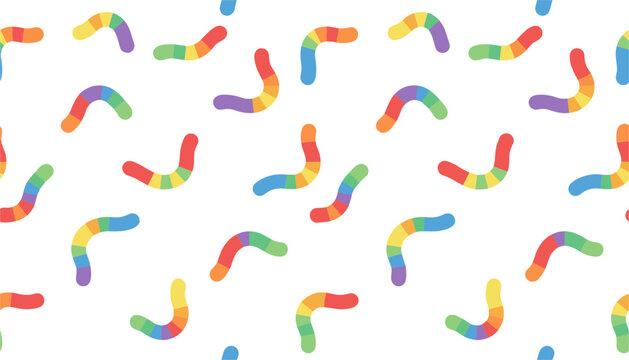 Seamless repeating pattern design featuring colorful gummy worms arranged across a simple white background for festive fun art.