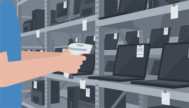 Person holds a barcode scanner in their hand to check items on shelves in a busy computer hardware store warehouse environment.
