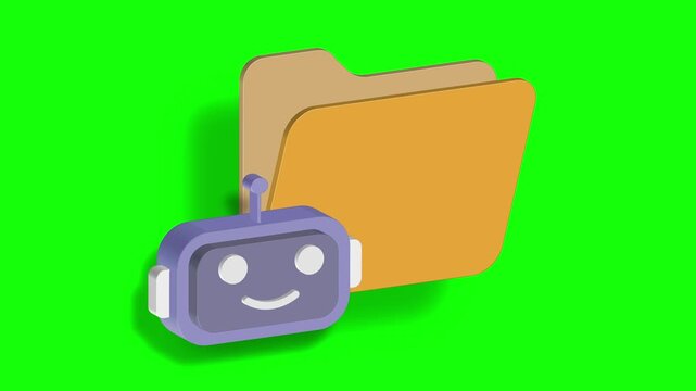 Robot with smiling face next to folder, green background