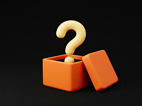 Yellow question mark popping from open orange box suitable for business and marketing content symbolizing mystery curiosity and surprise answers