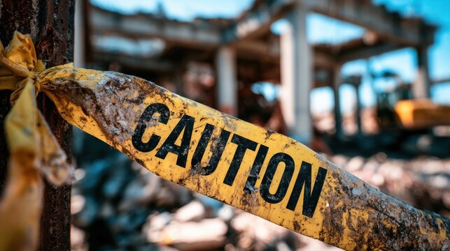 Yellow caution tape tied around a rusty metal post at a construction site