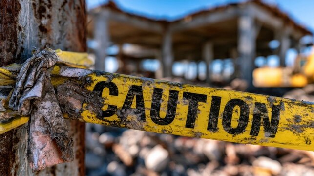 Yellow caution tape wrapped around a rusty metal pole at a construction site with debris in the