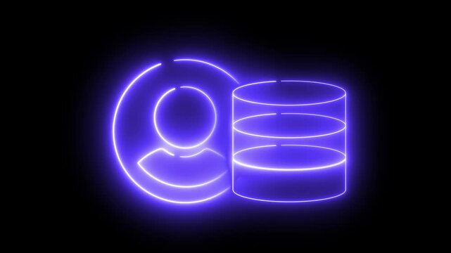 Glowing user and database symbols rotate in neon blue