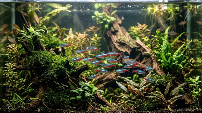 Vibrant Neon Tetra Fish (Paracheirodon innesi) in Natural Tropical Planted Aquarium Environments