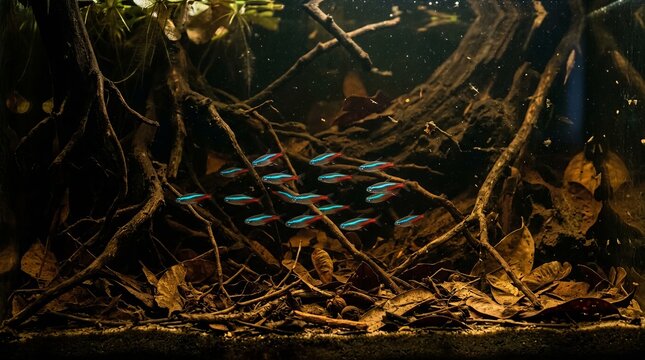 Vibrant Neon Tetra Fish (Paracheirodon innesi) in Natural Tropical Planted Aquarium Environments