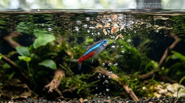 Vibrant Neon Tetra Fish (Paracheirodon innesi) in Natural Tropical Planted Aquarium Environments