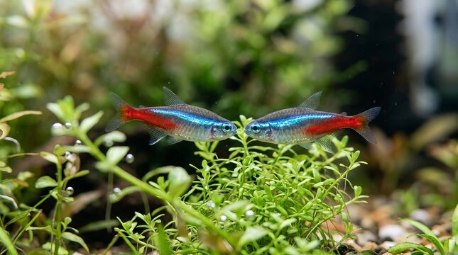 Vibrant Neon Tetra Fish (Paracheirodon innesi) in Natural Tropical Planted Aquarium Environments