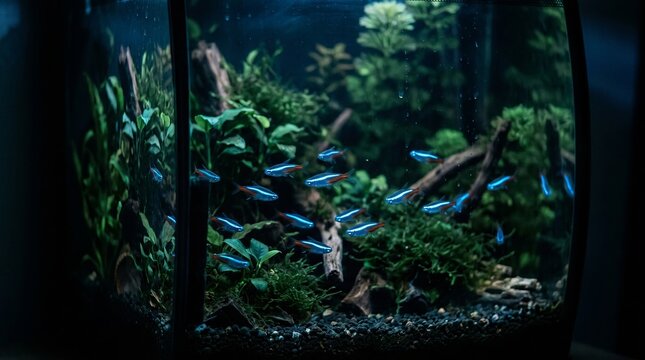 Vibrant Neon Tetra Fish (Paracheirodon innesi) in Natural Tropical Planted Aquarium Environments