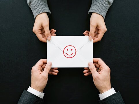 Two hands passing an envelope with a red smiley face across a desk suitable for customer service content symbolizing positive feedback and trust
