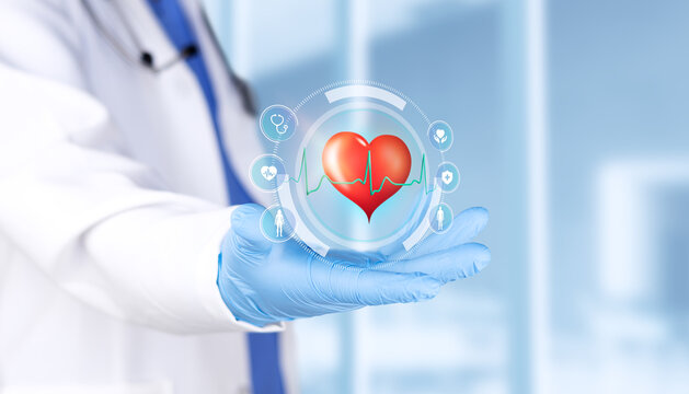 Doctor analyzing a chart with a heart icon to plan checkups and disease prevention. Concept of health, diagnostic tests, and medical research with a bokeh background. Isolated.