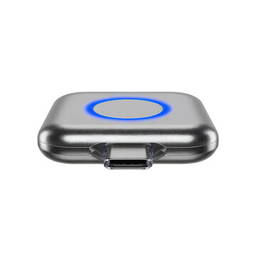 Modern silver wireless charger device with glowing blue circular light indicator