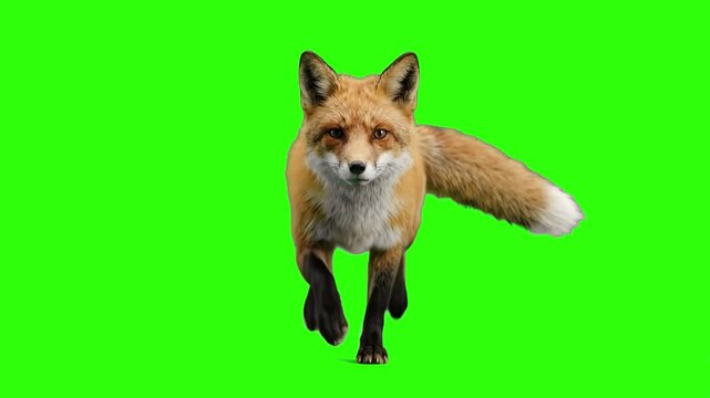 A realistic 3D rendered red fox running forward directly towards the camera, isolated against a bright chroma key green screen background. Perfect for wildlife documentaries, forest nature films, anim