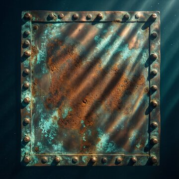 Green patina copper plate with rivets and striped light shadows