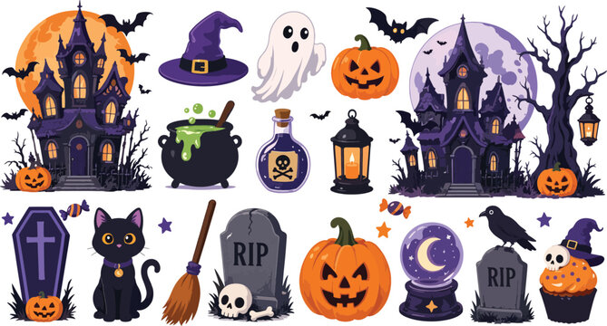 Collection of halloween themed graphics featuring haunted mansions and pumpkins haunted house witch hat trick or treat crystal ball